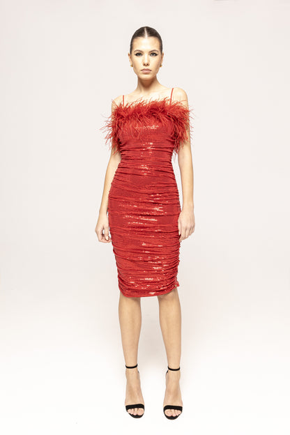 Feather-Trimmed Sequined Midi Dress