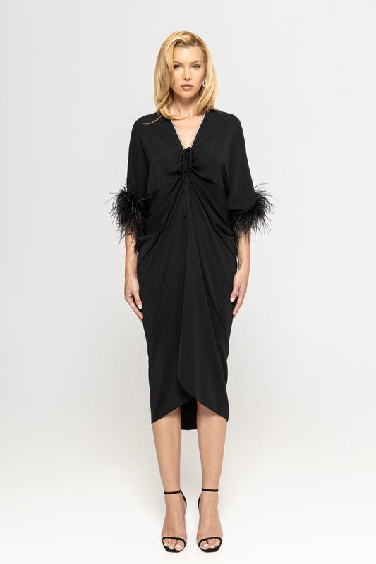 Feather-trimmed midi dress