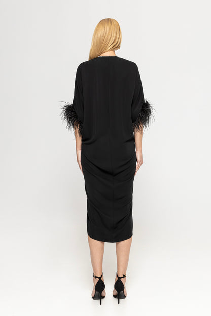 Feather-trimmed midi dress