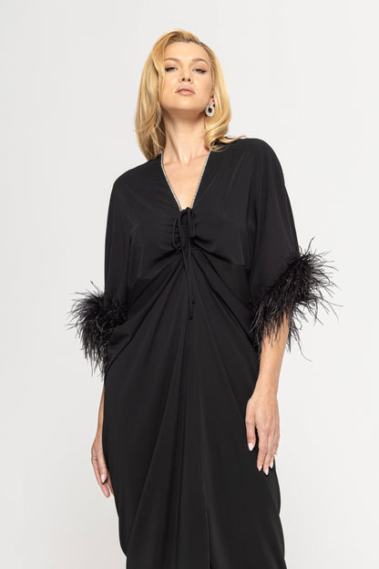 Feather-trimmed midi dress