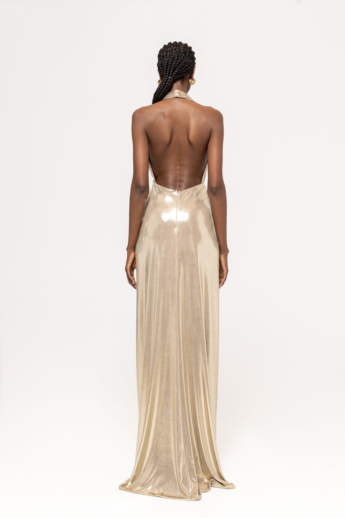 Backless lamé maxi dress