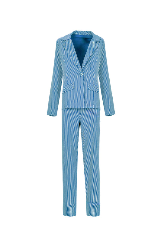 Blue/White Striped Blazer Style and Stretch Trouser Suit