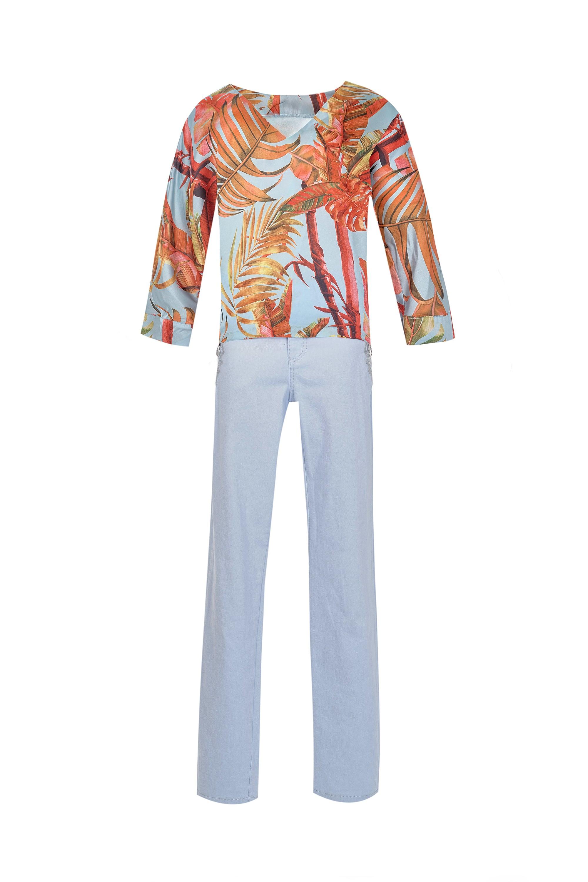 Tropical Print Blouse and Denim Pants Set