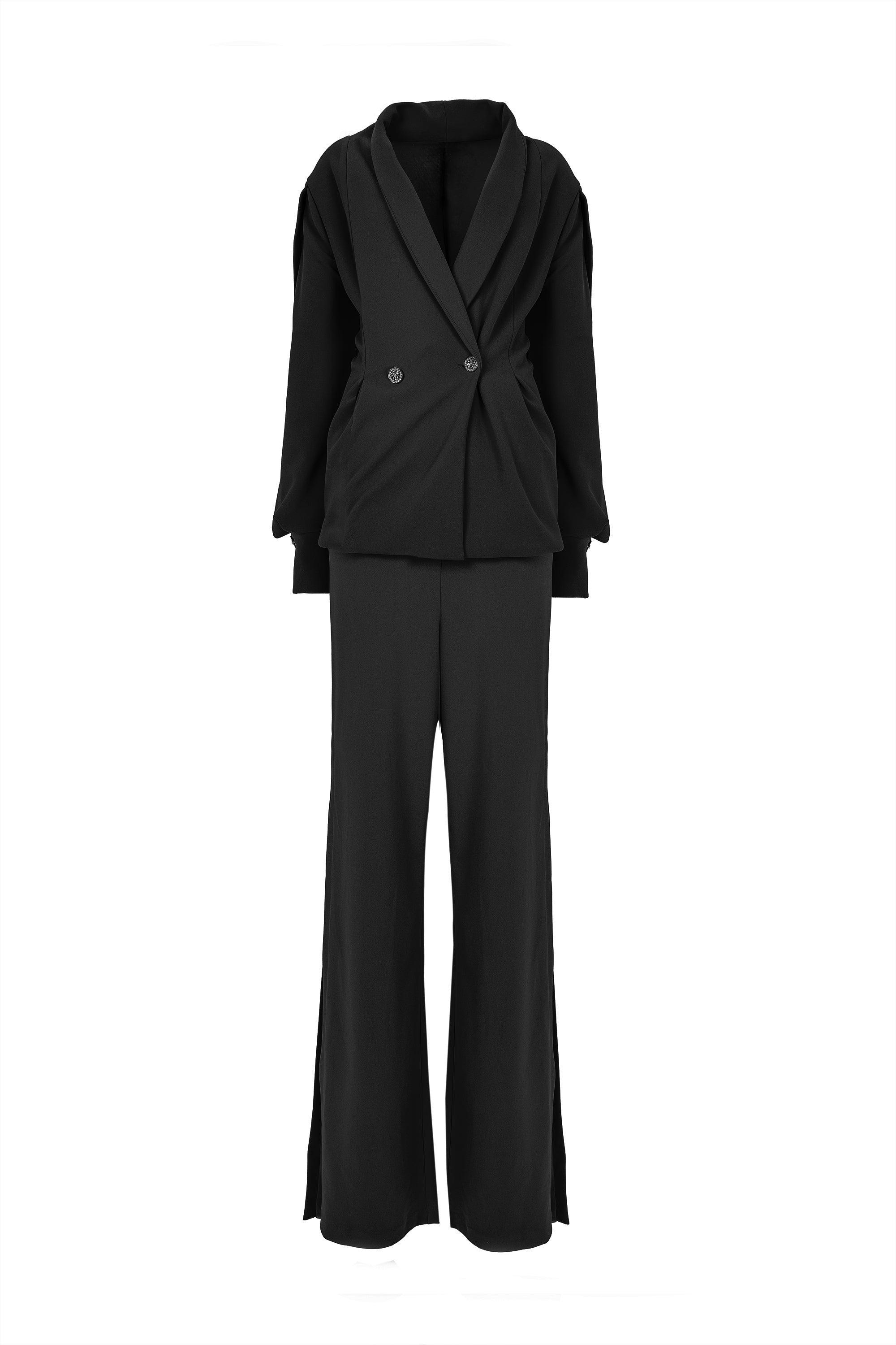 Double-breasted Puffed Sleeve Blazer and Wide Leg Split Hem Pants Set