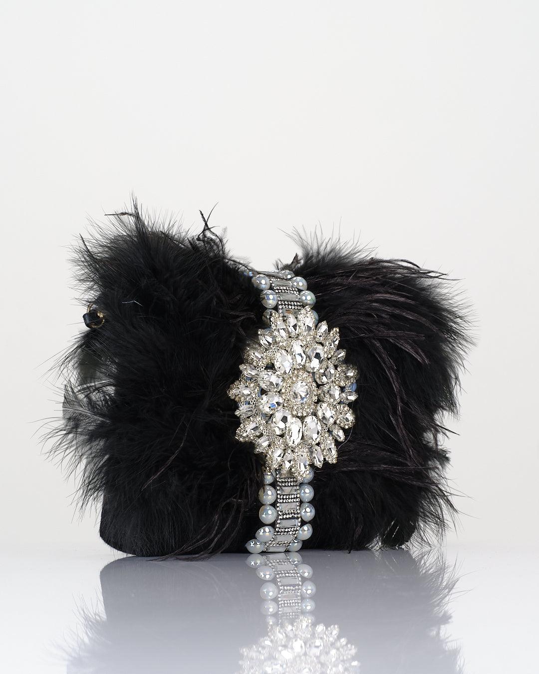 Crystal Embellished Handbag with Feather Trim