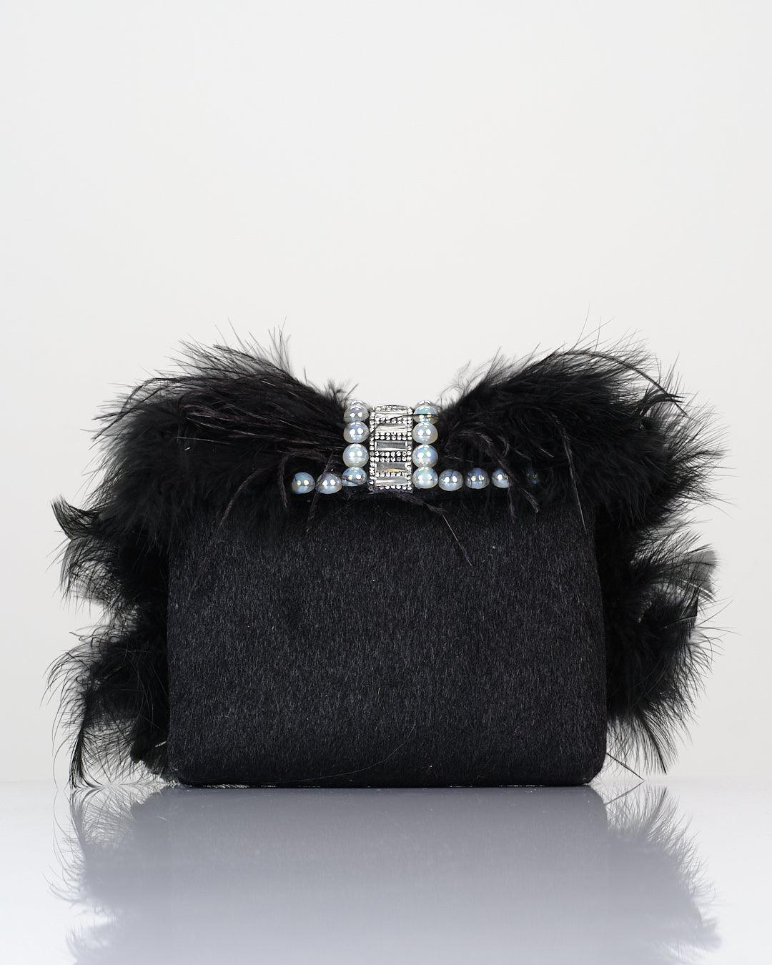 Crystal Embellished Handbag with Feather Trim