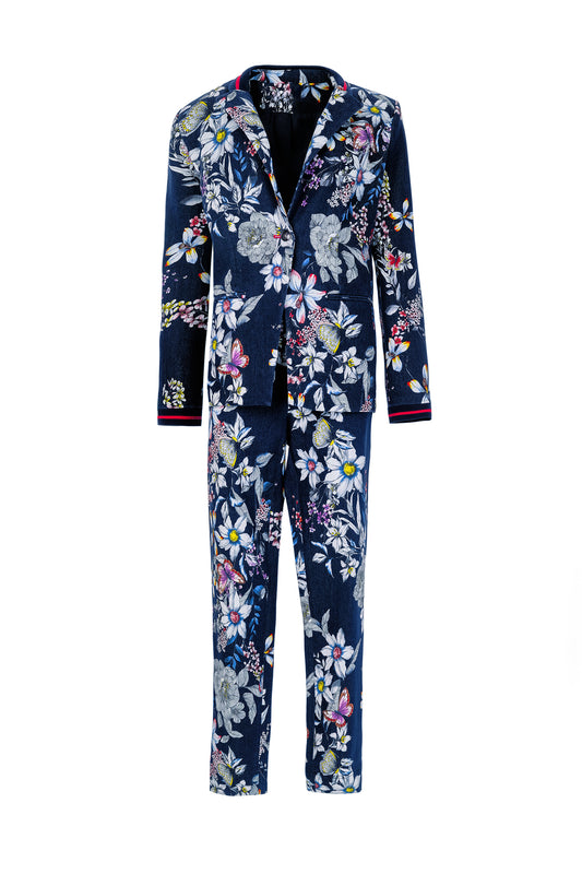 Denim Floral Jacket and Trousers Suit