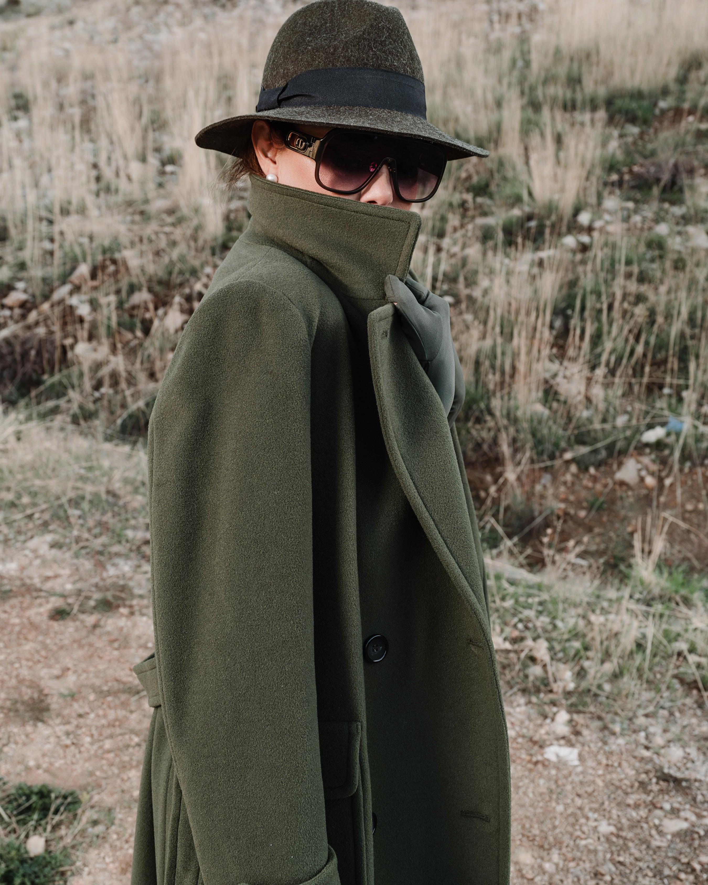 Green Double Breasted Long Belted Coat