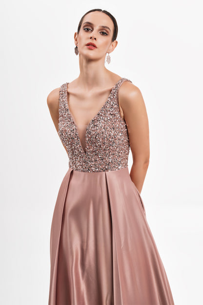 Beaded Bodice Satin Dress