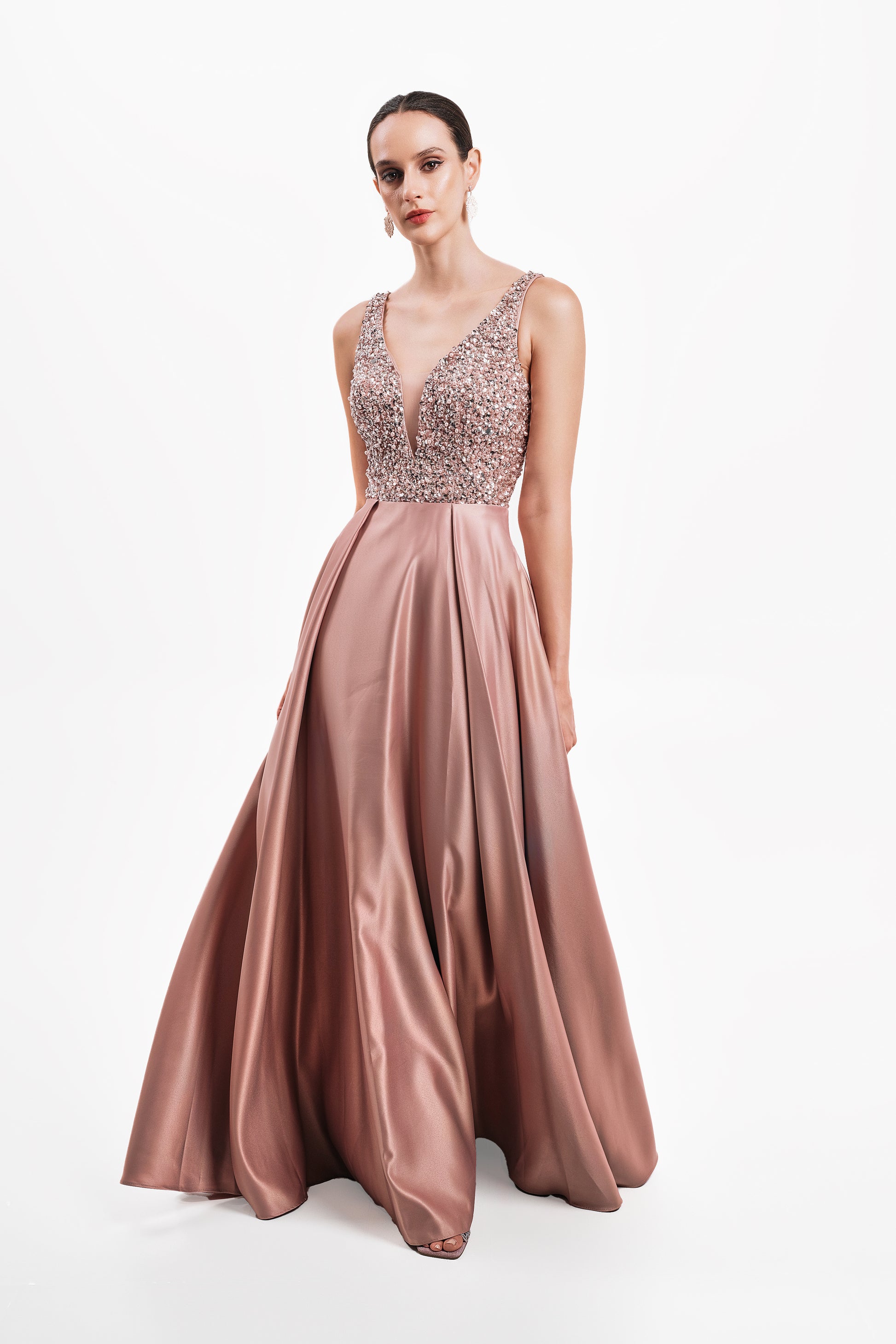 Beaded Bodice Satin Dress