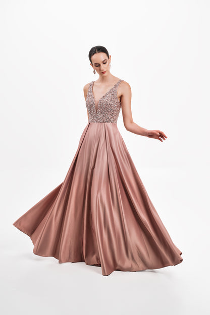 Beaded Bodice Satin Dress