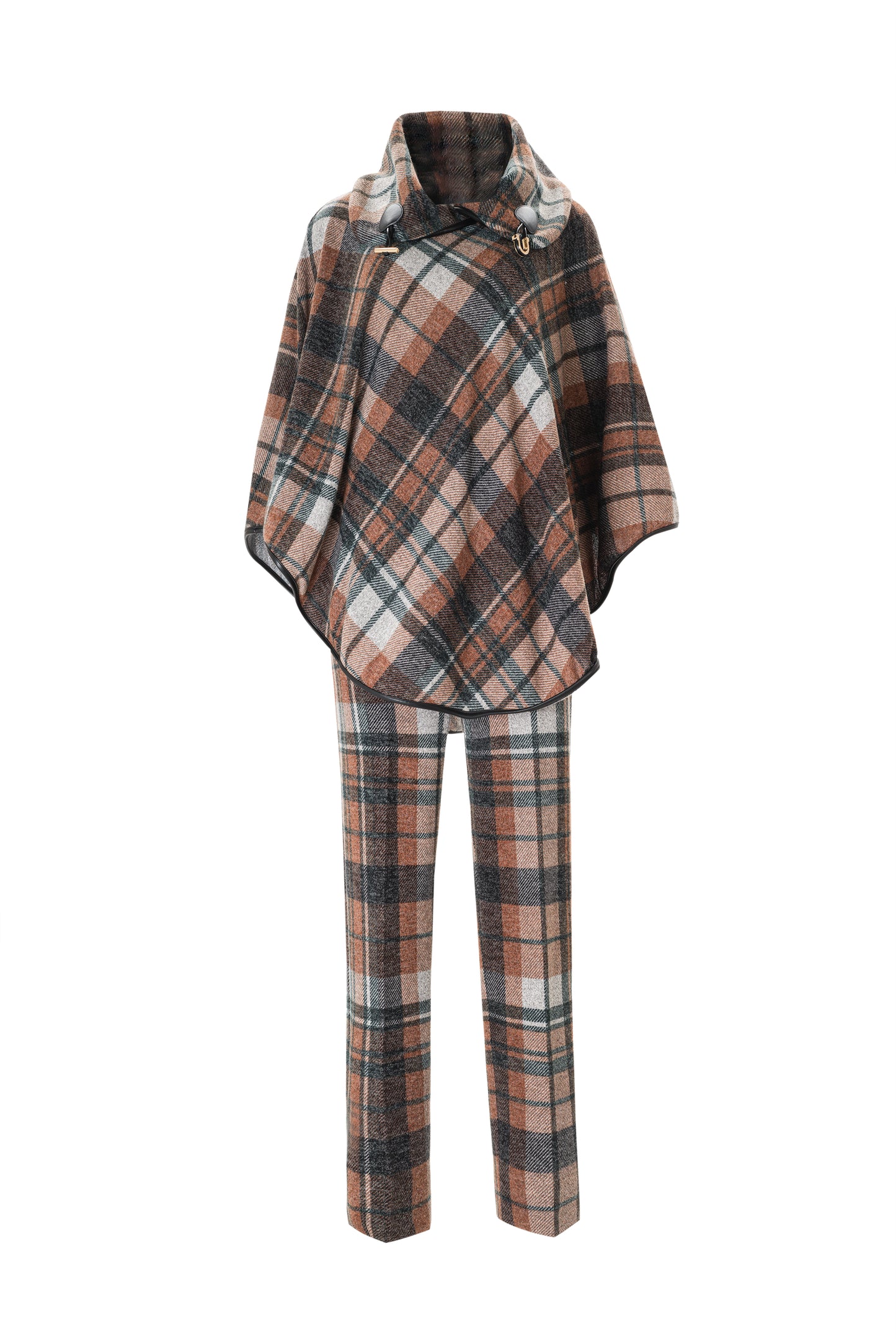 Plaid Pattern Poncho and Knit Pant Suit