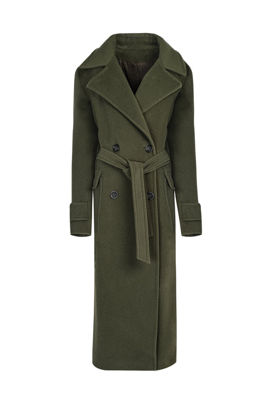 Green Double Breasted Long Belted Coat