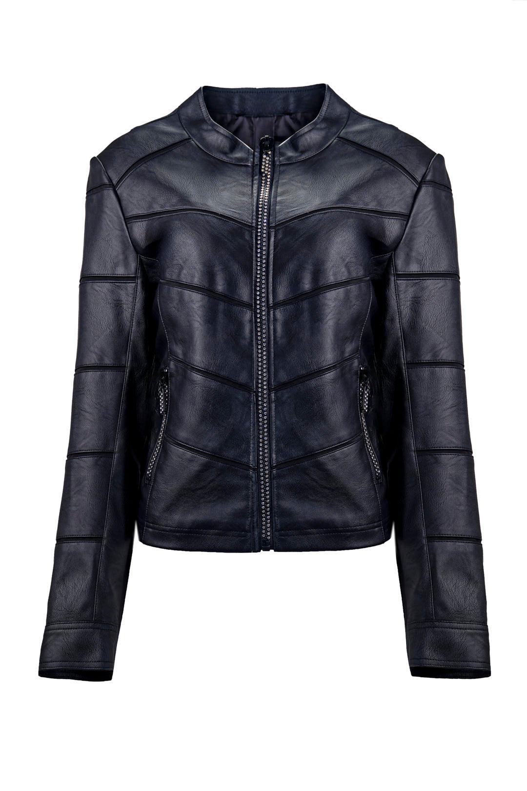 BLACK LEATHER JACKET WITH STITCH DETAILING