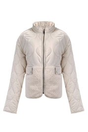 BEIGE QUILTED AND SHERPA PANEL JACKET