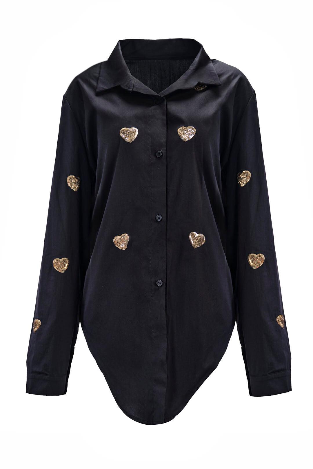 BLACK SHIRT WITH GOLD SEQUIN HEART DETAILS