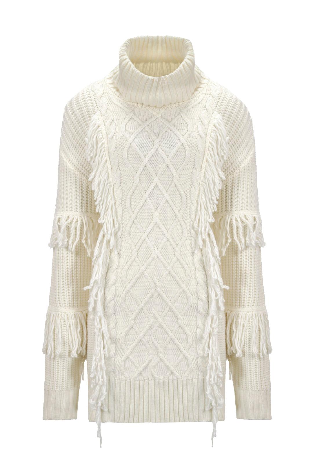 CABLE KNIT FRINGE TURTLENECK SWEATER