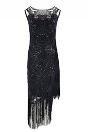 BLACK BEADED ASYMMETRIC FRINGE DRESS