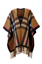 TAN CHECKERED WOOL PONCHO WITH FRINGES
