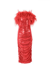 Feather-Trimmed Sequined Midi Dress