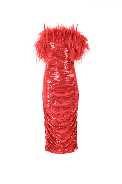 Feather-Trimmed Sequined Midi Dress