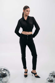 BLACK EMBELLISHED STRAIGHT-LEG PANTS