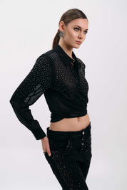 BLACK EMBELLISHED STRAIGHT-LEG PANTS