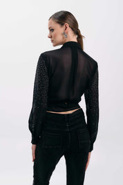 BLACK EMBELLISHED SHEER BLOUSE