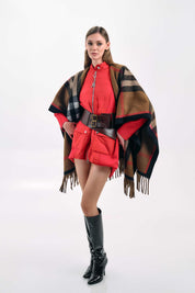 TAN CHECKERED WOOL PONCHO WITH FRINGES
