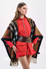 TAN CHECKERED WOOL PONCHO WITH FRINGES
