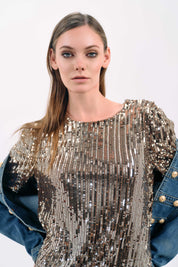 GOLD SEQUIN SHORT-SLEEVE TOP