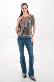 GOLD SEQUIN SHORT-SLEEVE TOP