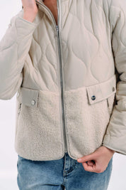 BEIGE QUILTED AND SHERPA PANEL JACKET