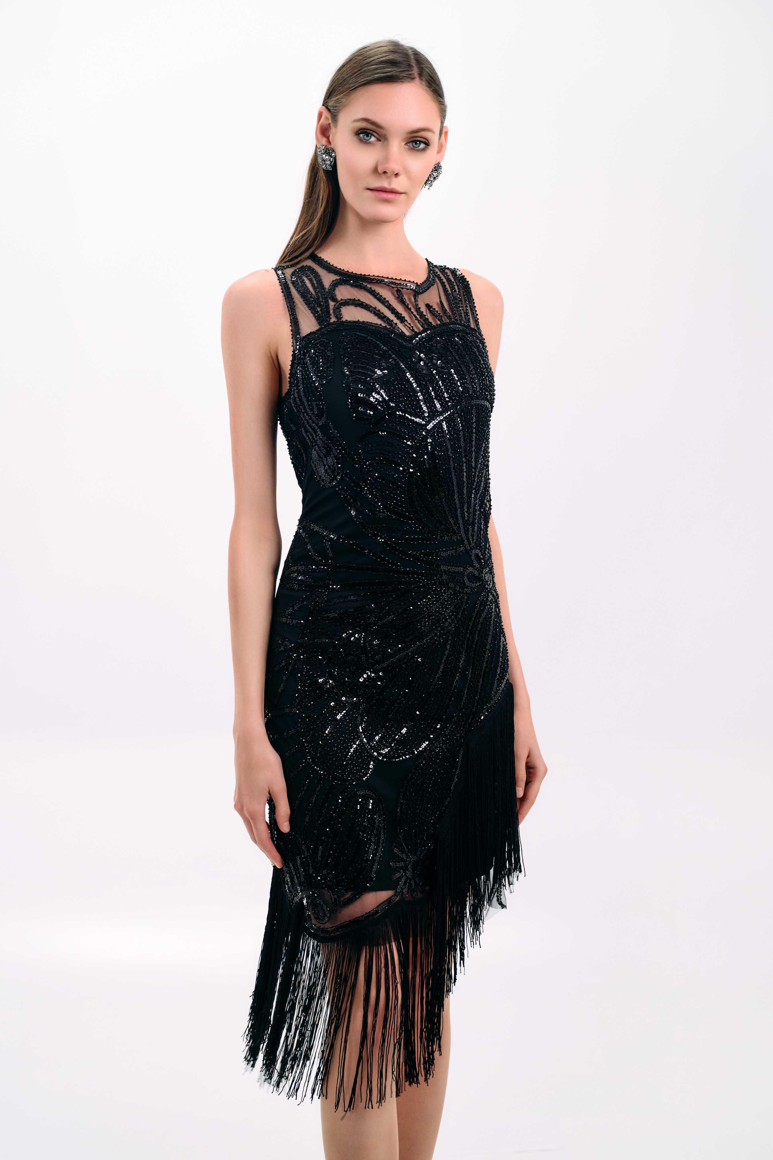 BLACK BEADED ASYMMETRIC FRINGE DRESS