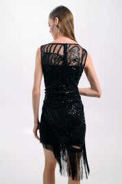 BLACK BEADED ASYMMETRIC FRINGE DRESS