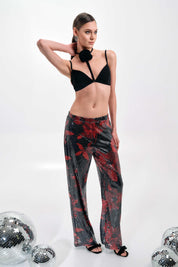 BLACK AND RED FLORAL SEQUIN TOP AND PANTS SET