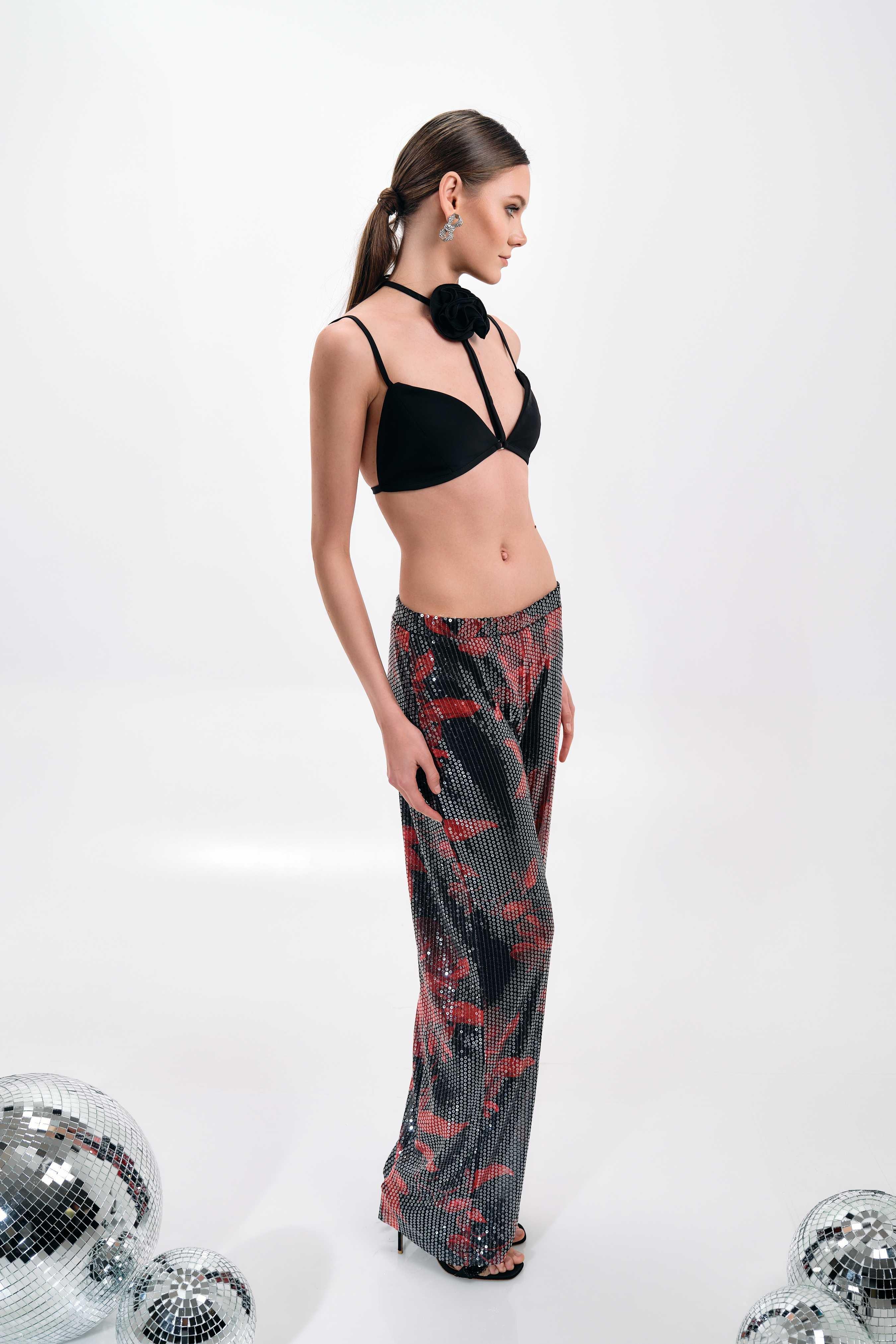 BLACK AND RED FLORAL SEQUIN TOP AND PANTS SET