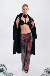 BLACK AND RED FLORAL SEQUIN TOP AND PANTS SET