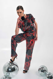 BLACK AND RED FLORAL SEQUIN TOP AND PANTS SET