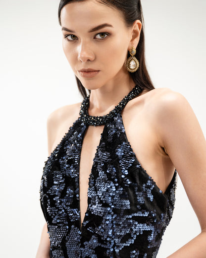 Iridescent Sequin Caged-Open-Back Dress
