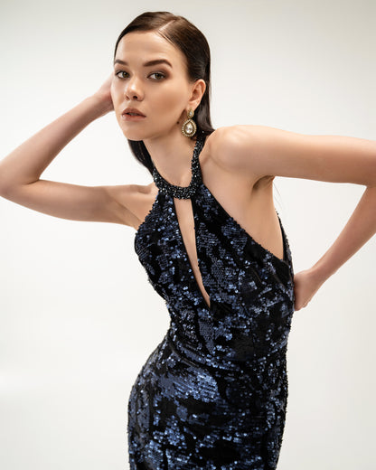 Iridescent Sequin Caged-Open-Back Dress
