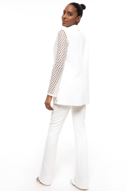 Peak Collar Single Breasted Fishnet Detail Blazer and Pant Suit