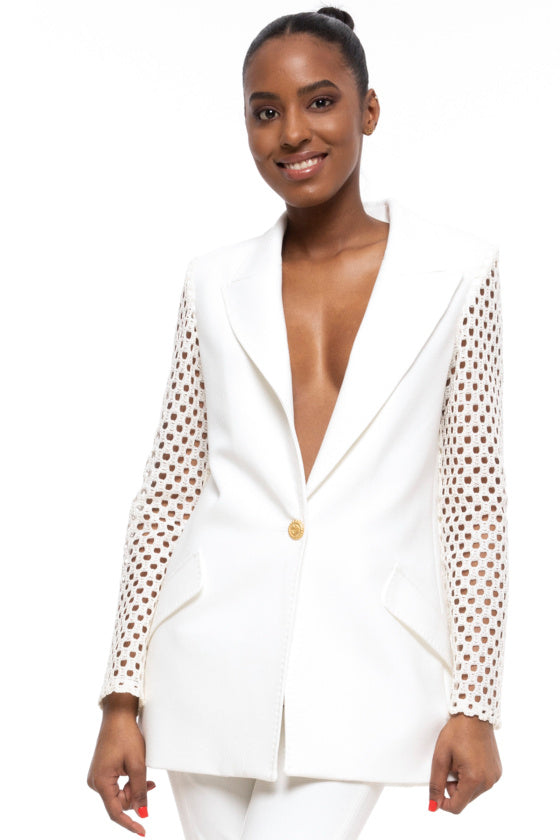 Peak Collar Single Breasted Fishnet Detail Blazer and Pant Suit