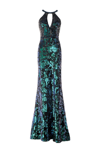 Emerald Green Sequin Caged-Open-Back Dress