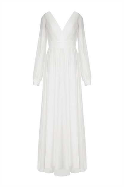 Long Sleeved Ivory Bridal Pleated Dress