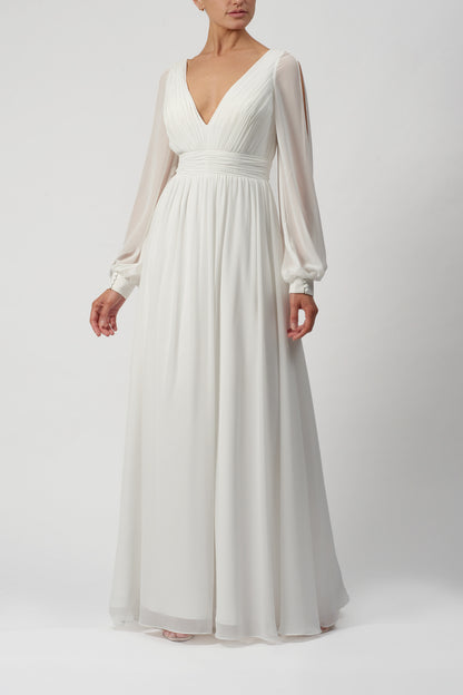 Long Sleeved Ivory Bridal Pleated Dress