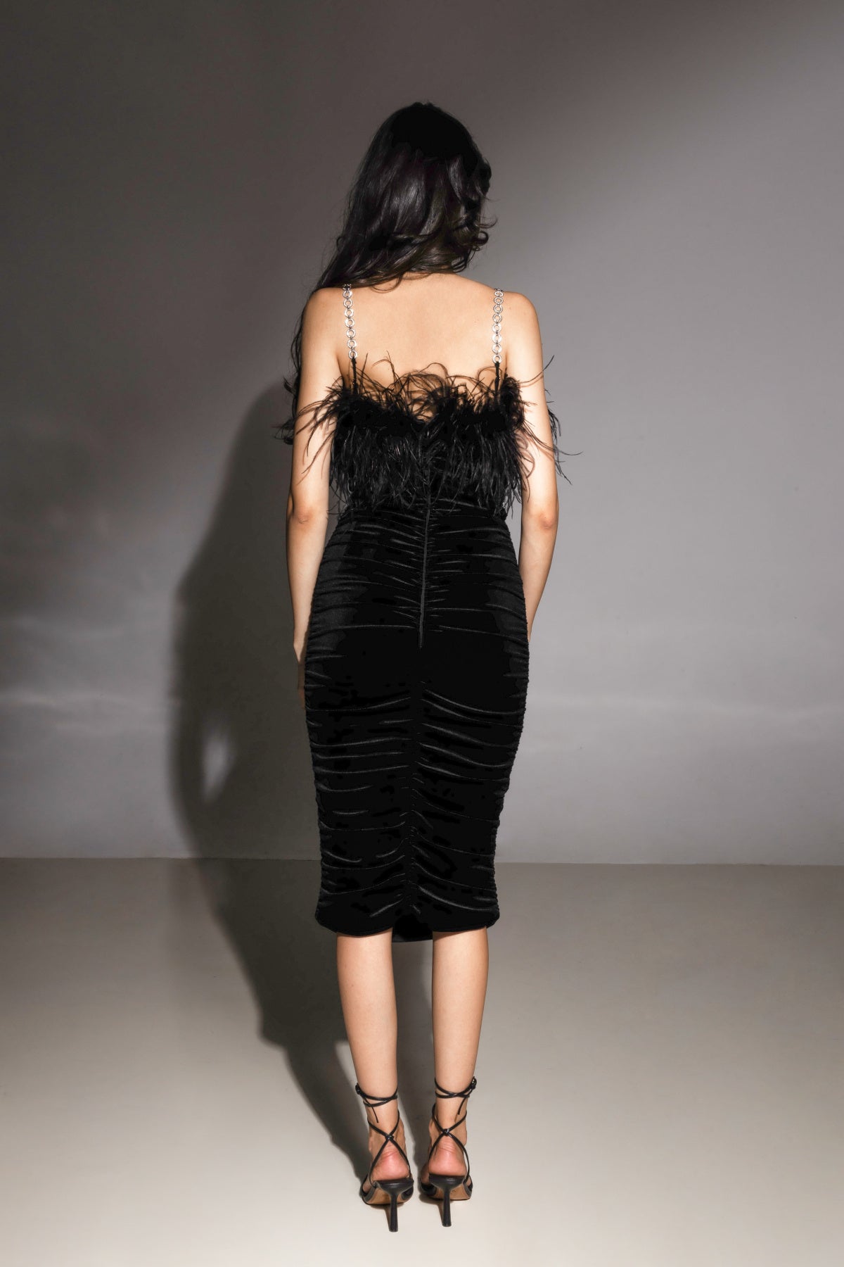 Feather Trimmed Velvet Dress with Chain Straps