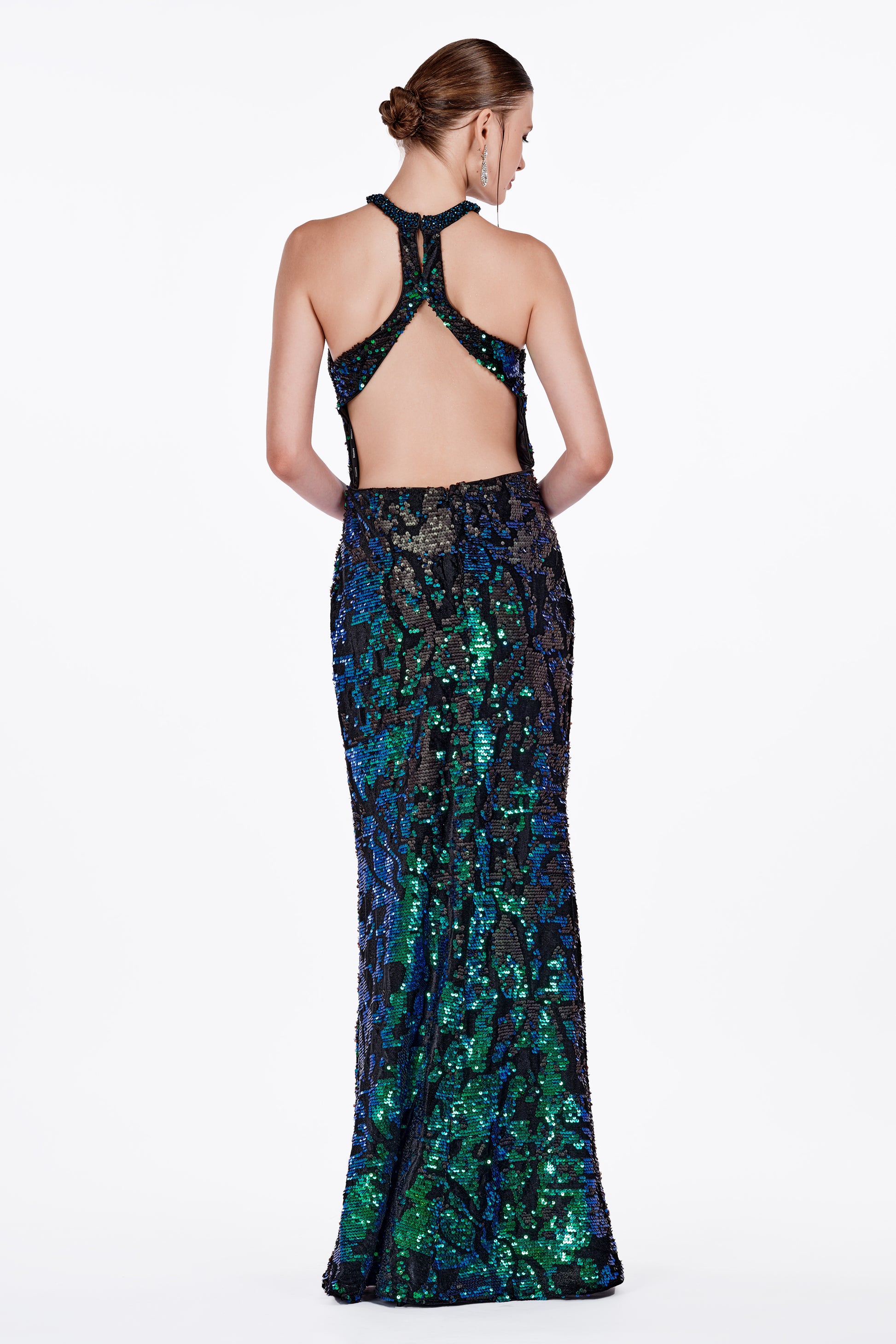 Emerald Green Sequin Caged-Open-Back Dress
